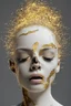 Placeholder: full head and shoulders, beautiful porcelain female person, smooth, delicate facial features, white detailed eyes, white lashes, 3 d white anatomical bones, large electrical gold sparks, gold leaf and glowing lightening, by daniel arsham and james jean