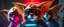 Placeholder: volume fog light, hyper real close up on fluffy faces of rock alien cricket coyote priest gremlin fasion general with hi tech transcendent lazer plasma blaster arsenal from hell, guarding bridge up to space saucer neon plastic transparent, movie poster