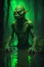 Placeholder: The swamp scary creature, swamp, colored lights, green symbols, green tattoo, 8k, high quality, hyperrealism