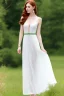 Placeholder: full shot body of Woman portrait with fairly pale skin , green eyes, long auburn hair, and wearing a pretty lace dress . Her outfit is a sexy dress , nice sport shoes. country side ,small lake with a hose in side,