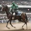 Placeholder: An alien jockey riding a horse in the Belmont Stakes