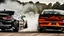 Placeholder: Black BMW and Dodge Charger SRT drifting in the white smoke, rear view, cinematic, luxurious --chaos 80 --ar 16:9 --style raw --stylize 700