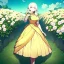 Placeholder: beautiful anime girl holding on to a flower and blowing the dried seeds into the air as the wind carries them away. outdoors scene.anime girl standing in a meadow of flowers. thw wind is blowing flower pedals into the wind. girl wearing yellow dress. more emphasis on seeds floating in the air. lots of seeds floating the air. lots of flower pedals floating the air behind the girl. rose pedals all over the ground.emphasis detail on the girls eyes, mouth and nose.