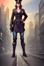 Placeholder: full body picture of a UK policewoman, steampunk city background