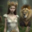 Placeholder: Young beautiful girl with floral crown standing next to a stunning lion on nature forest path, Chronicles of Narnia, 8k resolution, high-quality, fine-detail, iridescent, intricate, digital art, detailed matte, volumetric lighting, beautiful, illustration, 3D octane render, brian froud, howard lyon, selina french, anna dittmann, annie stokes, lisa parker, greg rutowski,