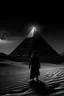 Placeholder: "A cinematic black and white YouTube thumbnail for the horror story 'Whispers of the Sands'. The image shows an uncharted ancient Egyptian pyramid under a star-filled sky. Jonah, a seasoned traveler, stands with his back to the viewer, facing the pyramid. He's holding a light source, creating dramatic shadows around him. The desert dunes surround him, adding to the scene's mystique. The pyramid's entrance emits a strange, ethereal light, suggesting an otherworldly presence.