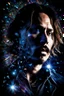 Placeholder: Johnny Depp - pitch-black background with a blue glowing overhead spotlight effect, multicolored shards of broken glass, prism effect, mosaic effect, time travel, space voyages, superheroes, moving really fast