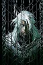 Placeholder: Wagnard Record of Lodoss War, oldschool, insane, ghost in the shell art style, in the art style of Record of Lodoss War, Dark Fantasy, dark knight, tied up in cage, male, white hair,