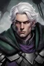 Placeholder: a twenty-five years old baron. commander of troops. tall and muscular. focused look. short white hair. purple eyes. gray clothes. dark-green cloack.
