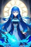 Placeholder: girl, masterpiece, best quality, cinematic lighting, detailed outfit, vibrant colors, perfect eyes, blue hair, long hair, blue eyes, blue fire magic, smile, angry,