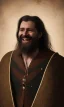 Placeholder: An ethereal laughing long haired bearded tall man wearing rugged long merchant's coat a cape and gold earrings and jewelry. medieval fantasy, black background