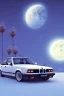 Placeholder: 1980's aesthetic vaporwave palm trees with lighting with moon with bmw in the winter snow