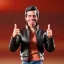 Placeholder: wide view uoung Plastic Fonzie with blackhair toy Action figure doll 1975 realistic (thumbs-up) (face) Forehead grin, fonzarelli, jukebox background, eyes