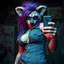 Placeholder: SCUZZPUNK AESTHETIC: FILTH, GRIME, STINK... SCUZZ. And a DEVIL-MAY-CARE FLIRTATIOUS SASSY IRREVERENCE. Denim vest, purple hair, anthropomorphic curvy, bottom-heavy she-hyena posing for a selfie