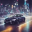 Placeholder: black 2022 BMW Z4 in the rain in a big city with lots of neon lights at nighttime