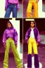 Placeholder: year 1998 women fashion. Loose, baggy, low waist Combat pants, t-shirt, new kind of hoodie with tippet! recycled denim trousers. Colors: denim blue, blue, purple, cream, khaki, "light green", lilac, plum, orange, terracotta, red, light yellow, lion yellow, pink, dark blue, beige. Sturnus vulgaris-print. wide belt. Partly latex or leather. Kylie Minogue, Tyra Banks. leg warmer. Cargo pants and hoodie!