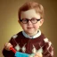 Placeholder: Peter billingsley chubby kid glasses, Holding a dark red bar of soap in his hand, brown argyle sweater