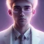 Placeholder: man, cute face, white highlight hair, brown eye, white, skin, purple suits, futuristic, science, purple, blue, pink background lighting, technology, profile, asian boy, square face, eyeglass