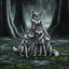 Placeholder: one gray bodyhair anthro wolf-woman hibrid hugs her two anhtro wolf-kid hibrid child on field, in background tall trees wirh big trunks, rain, down on blue-green moss, hug each other , rainy day, high contrast, high detalied, atmospheric, dark fantasy, sci-fi mood