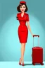 Placeholder: pin-up style realistic cartoon of 50 year old brunette stewardess in short and tight red uniform dress with very red lips and long eyelashes, shiny red heels and a cabin suitcase