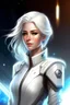 Placeholder: beautifull woman starship commander, white jumpsuit bright, galaxy, white hairs, leader galactic, guardian of galaxy, archangel light coordinator, chef leader, spaceship, light command warior, clear eyes