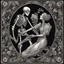 Placeholder: Memento mori with a tired looking 3/4 length skeleton standing behind and embracing in a dance like swirl a fainting young maiden, dynamic posture, swirl like macabre, couple is surrounded by botanical flower motifs, looks like a deep metal engraving