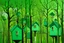 Placeholder: Emerald green colored treetops with birdhouses painted by John Brack