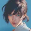 Placeholder: close-up, portrait photo, looking into camera, of a beautiful Indian girl, with bright blue eyes, short hair, professional turtleneck, vibrant blue background, 100mm lens