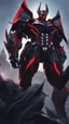 Placeholder: A close picture to Mix between transformers and venom symbiote in solo leveling shadow art style with red details detailsis in fantasy world