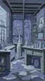 Placeholder: A grayish purple cybernetic laboratory with potions painted by Pablo Picasso