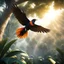 Placeholder: Hyper Realistic photographic-view of the same Koel-Bird Flying in a beautiful flower garden with extensive background with more elements