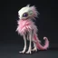 Placeholder: extraterrestrial being, female, walks on two legs, round skull, pastel pink feathery fur covered body, large lavender eyes, long feathery tail, alien, intricately designed, highly detailed