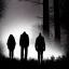 Placeholder: three figures, silhouettes, dark, foggy weather, night, forest, black, horror, art, evil, dark effect, trees, more trees, deep forest, glowing eyes