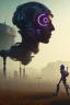 Placeholder: projection of an AI head hovering over an cyberpunk landscape in the distance, a small human walking towards the head, high quality, 4k resolution, high details