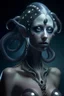 Placeholder: gorgeous female humanoid alien, posing, tentacles, orichalcum jewelry and piercings, beautiful face, mesmerizing starry eyes, smooth translucent skin.