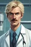 Placeholder: The Doctor is a little over six foot tall, in his mid thirties, with blond hair and pale blue eyes. He has attractive features with a strong jaw line. His blond hair has a slight disheveled look, and he has a well maintained thick blond mustache. He generally wears a white doctors lab coat with a bit of blood splattered at the bottom edges. Under his doctors lab coat he usually wears a Hawaiian flowery shirt. When not in surgery, photorealistic