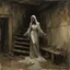 Placeholder: Creepy levitating woman fading ghost floating off the ground in eerie decaying basement, head slumped unnaturally forward, tattered asylum gown, ghostly visage non-material translucent entity, by Denis Forkas, by Jeremy Mann, by Dave Kendall, eerie dark colors, rough matte oil painting.