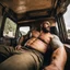 Placeholder: photography of a burly truck beefy driver at rest in truck, inside cab, shirtless, sweaty, massive with tattoos and short beard, Romanian, muscular, male chest, frontal view, seen from below