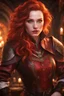 Placeholder: detailed eyes, pale skin, carefree attitude, female bard gorgeous, red wavy shoulder length hair, detailed glowing magical pattern leather clothing, glowing ruby implanted on armor, 8k, high detail, tavern stage background, singing, medieval, looking at viewer, front facing