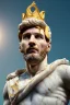 Placeholder: Realistic image, Roman sculpture made in white marble with gold veins, Lionel messi with gold laurel leaves crown, decorative star on the chest, waist up portrait, marble material, gold ornaments, Baroque style, sun rays background, epic, celestial, cinematic lighting, God lights, 4k resolution, smooth details, soft lighting, unreal engine 5, art station, substance 3d.