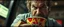 Placeholder: close up portrait of a blody ramen bucket that looks like a chain saw wielded by serious angry law man, in cinema