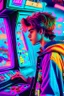 Placeholder: a millineal teenage boy is playing video arcade games, bright colored clothes from the 90s, hairstyles of that time