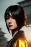 Placeholder: Portrait, Human female assassin character, yellow eyes black, hair, black cloak, 4k resolution, intricate details, ornate details, soft lighting, vibrant colors, retroanime, masterpiece, natural background, realistic