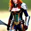 Placeholder: realistic, hyper detailed, evangeline lily teen, long ginger hair, green eyes, medium freckles, full lips, revealing leather armour, full body and head, exposed c-cup breasts, stern expression, full frame, petite, ignore NSFW, shortbow, quiver on hip, sexy