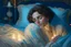 Placeholder: A beautiful woman with short brown hair in pastel blue lace robe is lying on a bed in a cute luxurious bedroom gold tapestry in the candlelight