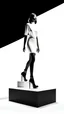 Placeholder: head to feet latex woman walking on a white podium in front view, full white background, long shadow, black and white photo, realistic style, fashion mood