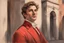 Placeholder: elegant handsome brown haired man in firenze in red costume in sunshine, shading pastel and charcoal