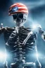 Placeholder: A close up of a skeleton face looking shocked, in an astronaut helmet and suit floating in space. inside the hollow eyes are red shining lights, scary. On his suit is an American flag and in his one hand is a small wavering American flag, on it is written "boned in the USA". From the back of his suit is blowing out blue, white and red smoke. Realistic, 8k, highly detailed, funny