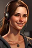 Placeholder: gta, woman, brown hair, ponytail, sweet smile, brown eyes, simple earring, hacking device