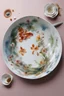 Placeholder: make a painting of a beautiful porcelain bowl with potpurri floating in the water